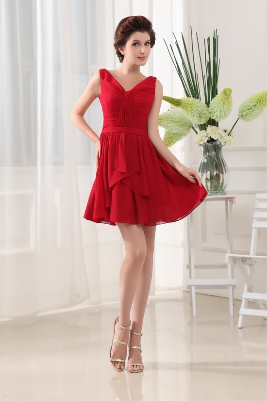 A-Line Ruffles V-Neck Chiffon Short Red Bridesmaid Dresses 02010328 A-Line Ruffles V-Neck Chiffon Short Red Bridesmaid Dresses 02010328