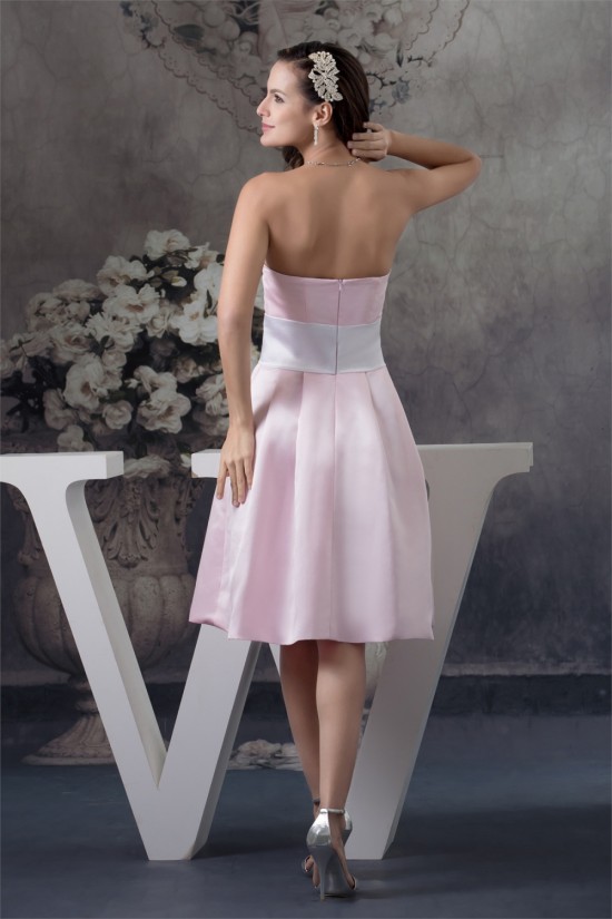 A-Line Strapless Soft Satin Handmade Flowers Short Pink Bridesmaid Dresses 02010374 A-Line Strapless Soft Satin Handmade Flowers Short Pink Bridesmaid Dresses 02010374