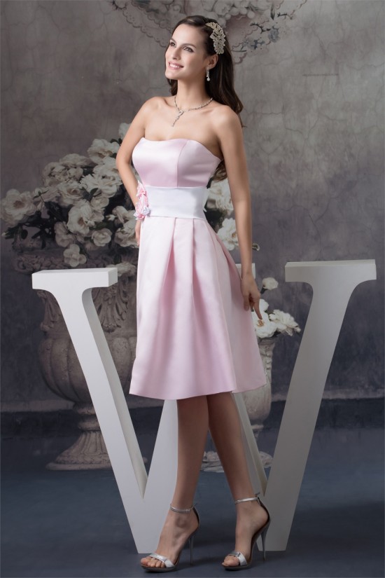 A-Line Strapless Soft Satin Handmade Flowers Short Pink Bridesmaid Dresses 02010374 A-Line Strapless Soft Satin Handmade Flowers Short Pink Bridesmaid Dresses 02010374