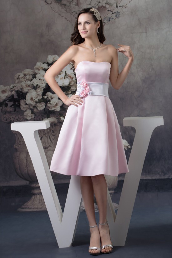 A-Line Strapless Soft Satin Handmade Flowers Short Pink Bridesmaid Dresses 02010374 A-Line Strapless Soft Satin Handmade Flowers Short Pink Bridesmaid Dresses 02010374