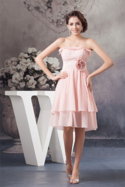 A-Line Handmade Flowers Chiffon Strapless Short Bridesmaid Dresses 02010410