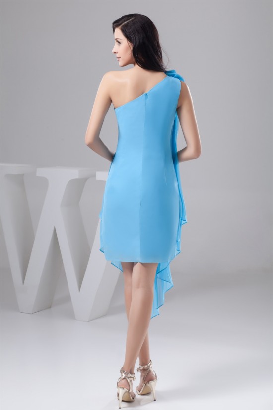 Handmade Flowers Ruffled Chiffon Short Blue Bridesmaid Dresses 02010412