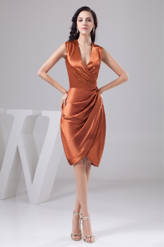 V-Neck Knee-Length Silk like Satin Sheath/Column Short Bridesmaid Dresses 02010448