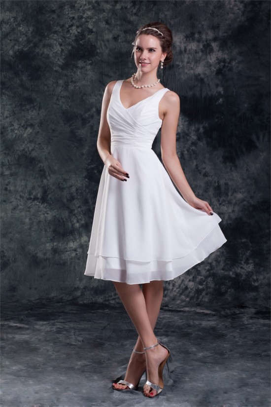 A-Line V-Neck Knee-Length Ruffles Short White Bridesmaid Dresses 02010507 A-Line V-Neck Knee-Length Ruffles Short White Bridesmaid Dresses 02010507
