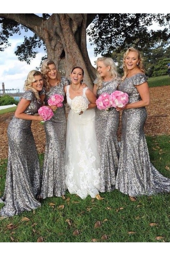 Latest Sequins Cap-Sleeves Silver Long Bridesmaid Dresses 3010001 Latest Sequins Cap-Sleeves Silver Long Bridesmaid Dresses 3010001