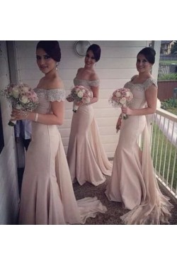 Trumpet/Mermaid Off-the-Shoulder Beaded Long Bridesmaid Dresses 3010027