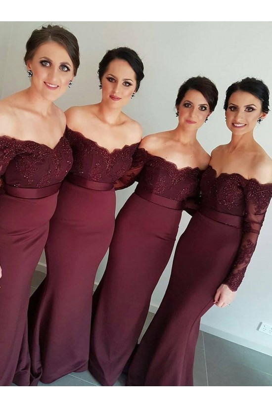 Long Sleeves Off-the-Shoulder Lace Purple Mermaid Wedding Party Dresses Bridesmaid Dresses 3010030 Long Sleeves Off-the-Shoulder Lace Purple Mermaid Wedding Party Dresses Bridesmaid Dresses 3010030
