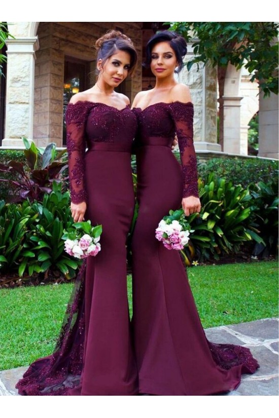 Long Sleeves Off-the-Shoulder Lace Purple Mermaid Wedding Party Dresses Bridesmaid Dresses 3010030 Long Sleeves Off-the-Shoulder Lace Purple Mermaid Wedding Party Dresses Bridesmaid Dresses 3010030