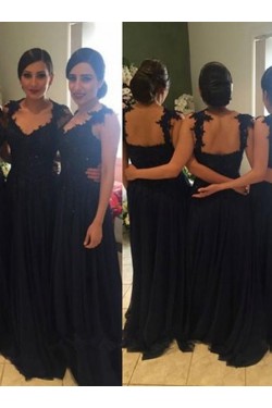 Long Navy Blue Lace Straps Sleeveless Wedding Party Dresses Bridesmaid Dresses 3010080