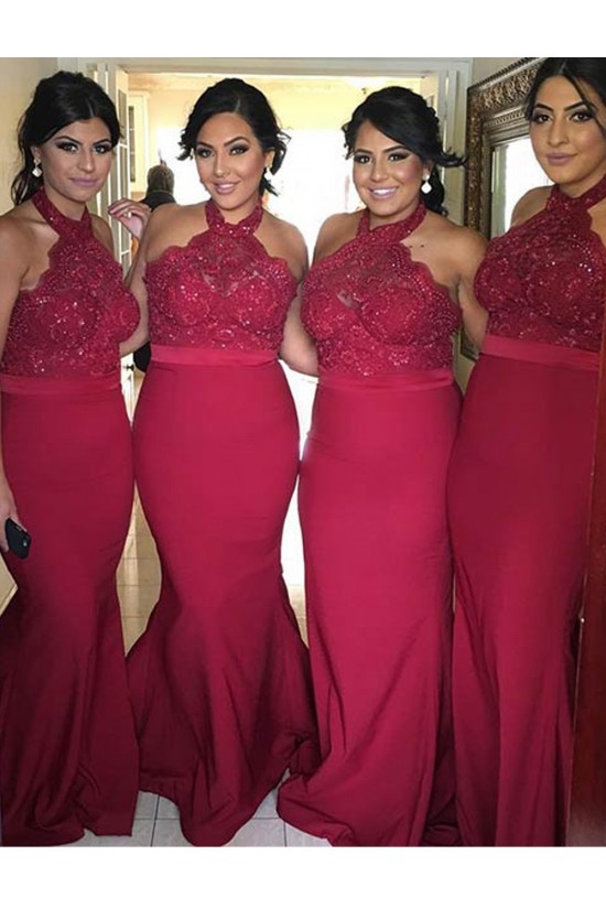 Burgundy Halter Mermaid Lace Long Wedding Guest Dresses Bridesmaid Dresses 3010204 Burgundy Halter Mermaid Lace Long Wedding Guest Dresses Bridesmaid Dresses 3010204