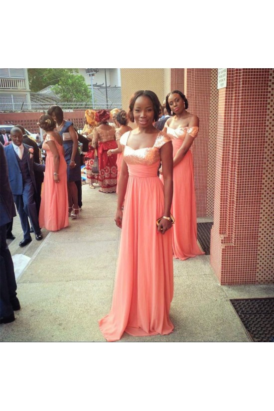 Long Coral Sequins Chiffon Wedding Guest Dresses Bridesmaid Dresses 3010240