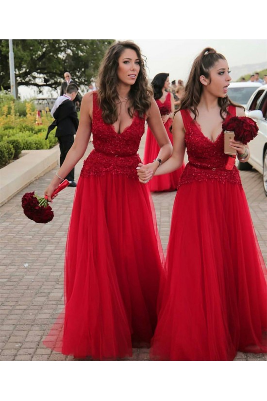 Long Red V-Neck Lace Wedding Guest Dresses Bridesmaid Dresses 3010253 Long Red V-Neck Lace Wedding Guest Dresses Bridesmaid Dresses 3010253