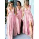 A-Line Floor Length V-Neck Long Pink Bridesmaid Dresses with Slit 3010277