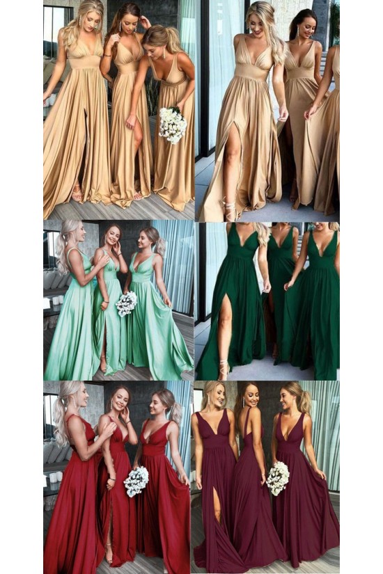 A-Line Floor Length V-Neck Long Bridesmaid Dresses with Slit 3010280
