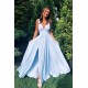 A-Line Floor Length V-Neck Long Blue Bridesmaid Dresses with Slit 3010281