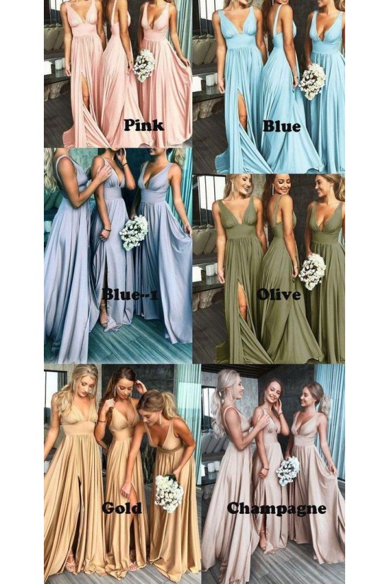A-Line Floor Length V-Neck Long Bridesmaid Dresses with Slit 3010282