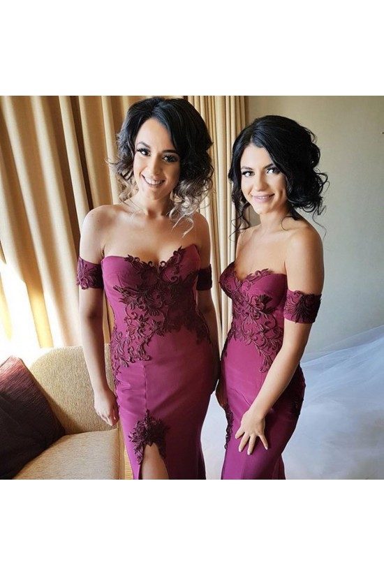 Mermaid Off-the-Shoulder Lace Long Bridesmaid Dresses with Slit 3010285