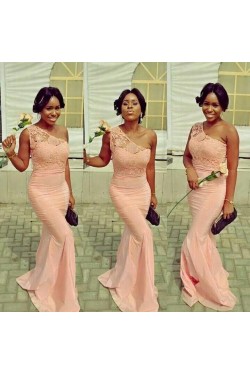 Mermaid One-Shoulder Lace Long Bridesmaid Dresses 3010324