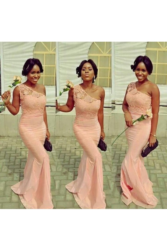 Mermaid One-Shoulder Lace Long Bridesmaid Dresses 3010324