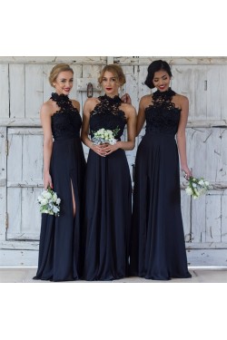 A-Line Lace Navy Blue Long Bridesmaid Dresses 3010325