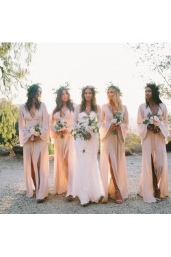 Sheath V-Neck Long Sleeves Chiffon Long Bridesmaid Dresses 3010384