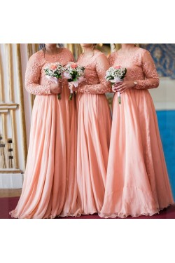 A-Line Long Sleeves Lace and Chiffon Long Bridesmaid Dresses 3010394