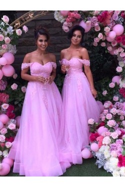 A-Line Lace and Tulle Long Pink Floor Length Bridesmaid Dresses 3010417