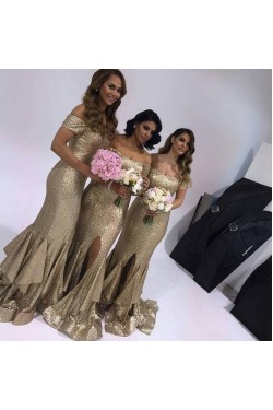 Mermaid Sequins Off-the-Shoulder Long Floor Length Bridesmaid Dresses 3010465