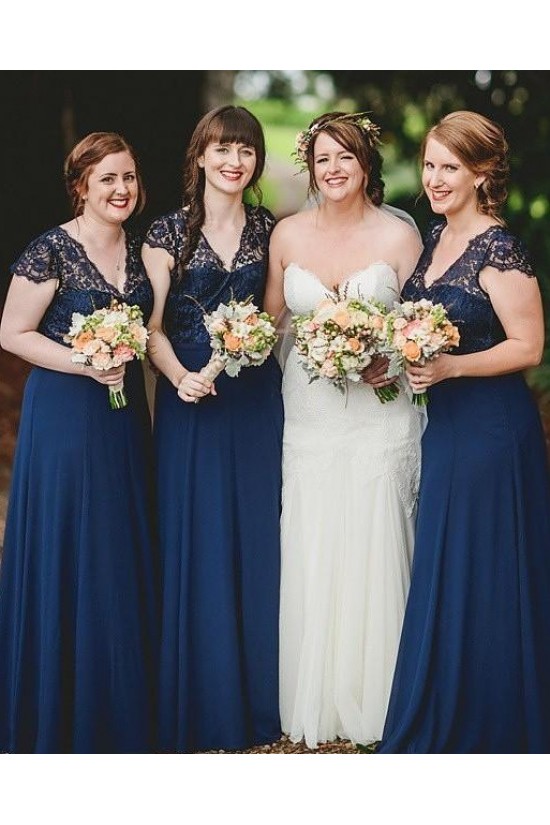 A-Line Lace and Chiffon Long Navy Blue Floor Length Bridesmaid Dresses 3010475