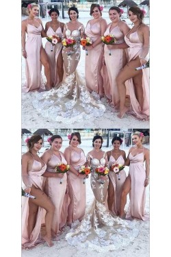 Sexy High Slit Spaghetti Straps Floor Length Bridesmaid Dresses 3010486