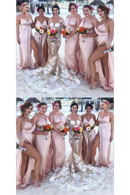 Sexy High Slit Spaghetti Straps Floor Length Bridesmaid Dresses 3010486