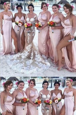Sexy High Slit Spaghetti Straps Floor Length Bridesmaid Dresses 3010486