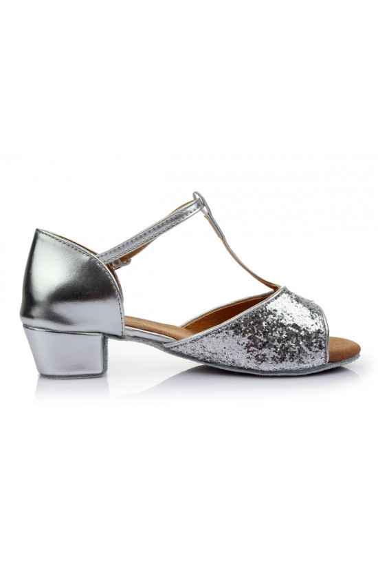 Women's Kids' Silver Sparkling Glitter Flats Latin Salsa T-Strap Dance Shoes Chunky Heels Wedding Party Shoes D601038