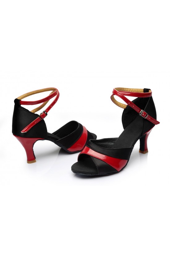 Women's Black Red Satin Heels Sandals Latin Salsa With Ankle Strap Dance Shoes D602037 Women's Black Red Satin Heels Sandals Latin Salsa With Ankle Strap Dance Shoes D602037