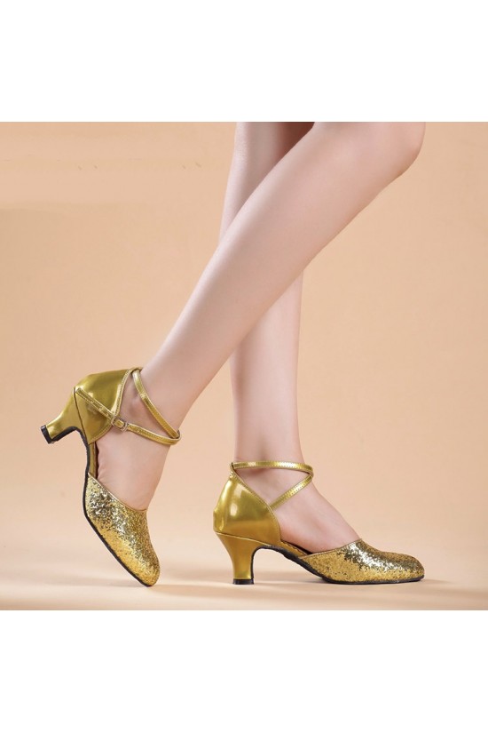 Women's Fashion Gold Sparkling Glitter Heels With Ankle Strap Latin Dance Shoes Wedding Party Shoes D801044