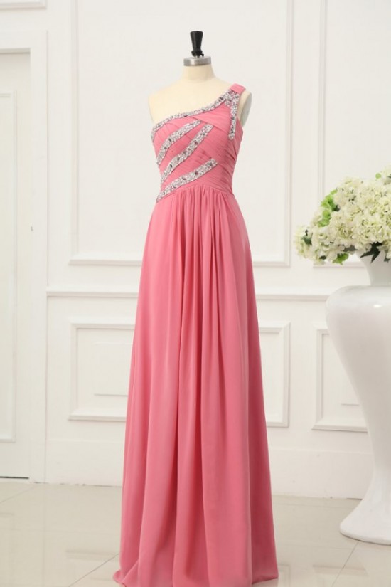 A-Line One-Shoulder Long Pink Beaded Chiffon Prom Evening Formal Party Dresses ED010002 A-Line One-Shoulder Long Pink Beaded Chiffon Prom Evening Formal Party Dresses ED010002
