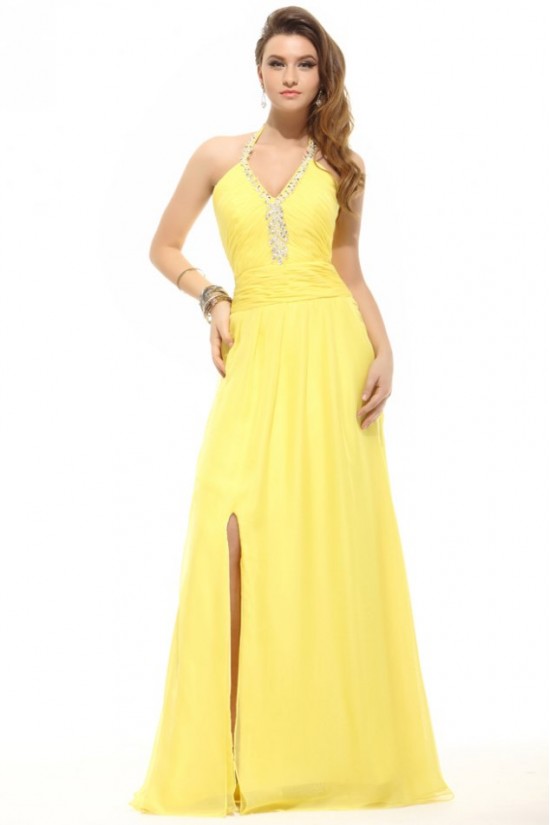 Sheath/Column Halter Long Yellow Beaded Chiffon Prom Evening Formal Party Dresses ED010007 Sheath/Column Halter Long Yellow Beaded Chiffon Prom Evening Formal Party Dresses ED010007