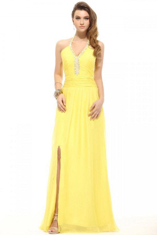 Sheath/Column Halter Long Yellow Beaded Chiffon Prom Evening Formal Party Dresses ED010007 Sheath/Column Halter Long Yellow Beaded Chiffon Prom Evening Formal Party Dresses ED010007