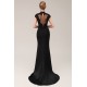 Trumpet/Mermaid High-Neck Cap-Sleeve Beaded Applique Long Black Prom Evening Formal Dresses ED011380
