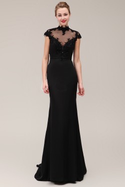 Trumpet/Mermaid High-Neck Cap-Sleeve Beaded Applique Long Black Prom Evening Formal Dresses ED011380