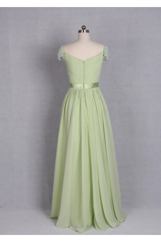 A-Line Beaded Cap-Sleeve Long Chiffon Prom Evening Formal Dresses ED011521