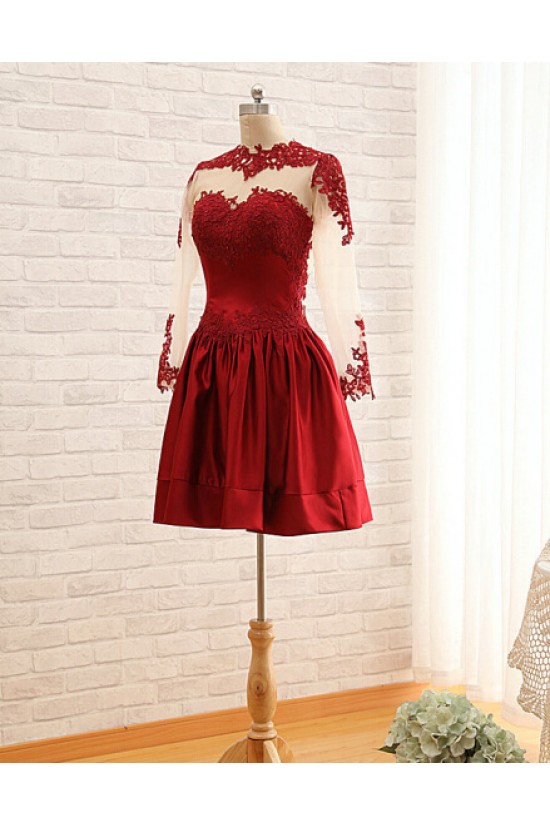 A-Line Jewel Long Sleeve Red Applique and Satin Prom Evening Formal Dresses ED011563