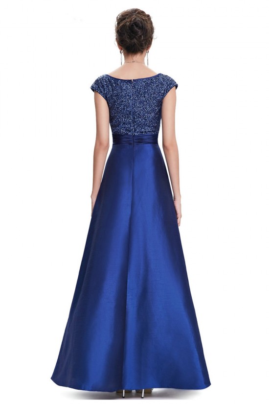 A-Line V-Neck Cap-Sleeve Long Blue Prom Evening Formal Dresses ED011638