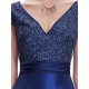 A-Line V-Neck Cap-Sleeve Long Blue Prom Evening Formal Dresses ED011638