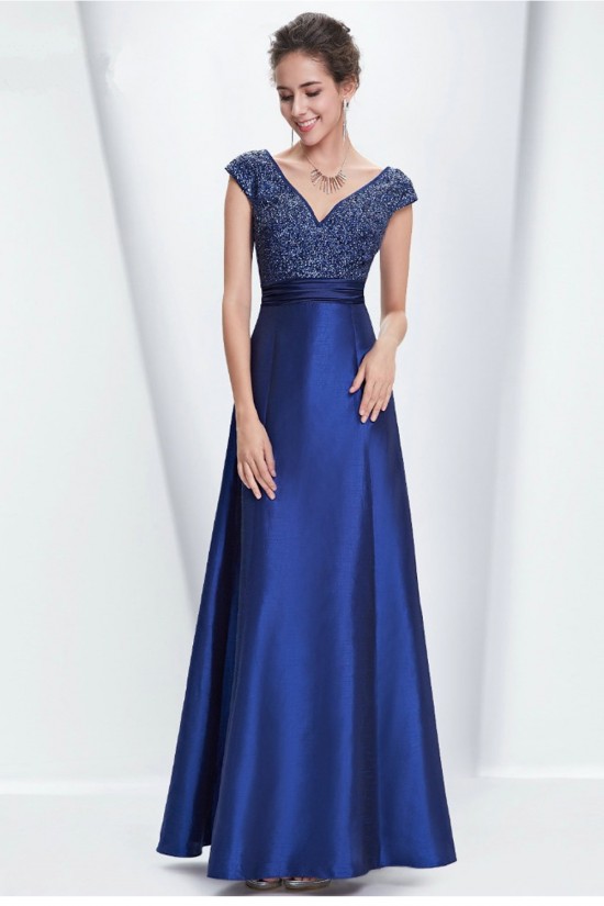 A-Line V-Neck Cap-Sleeve Long Blue Prom Evening Formal Dresses ED011638