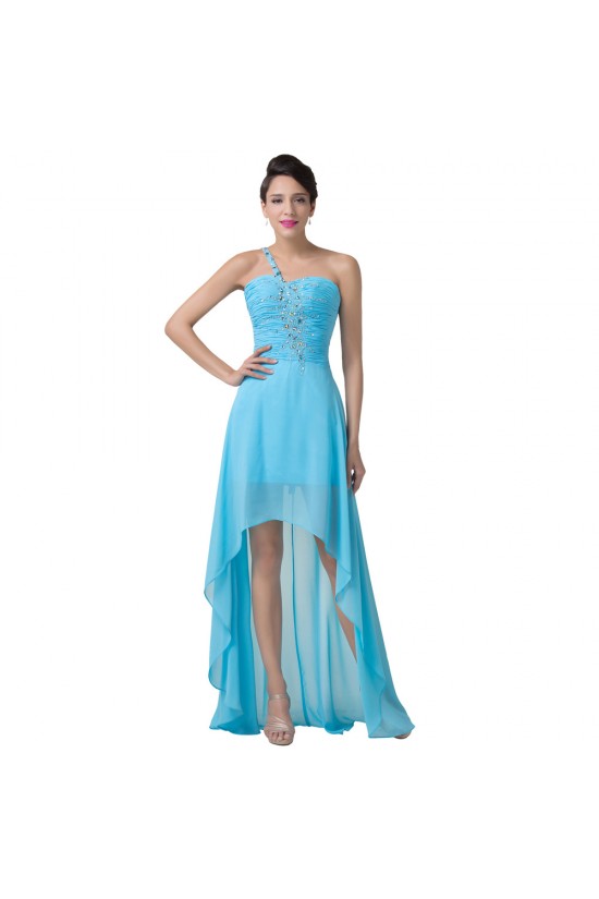 High Low One-Shoulder Short Beaded Chiffon Prom Evening Formal Dresses ED011642