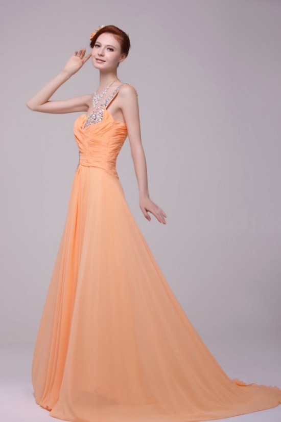 A-Line One-Shoulder Beaded Long Chiffon Prom Evening Formal Party Dresses ED010197