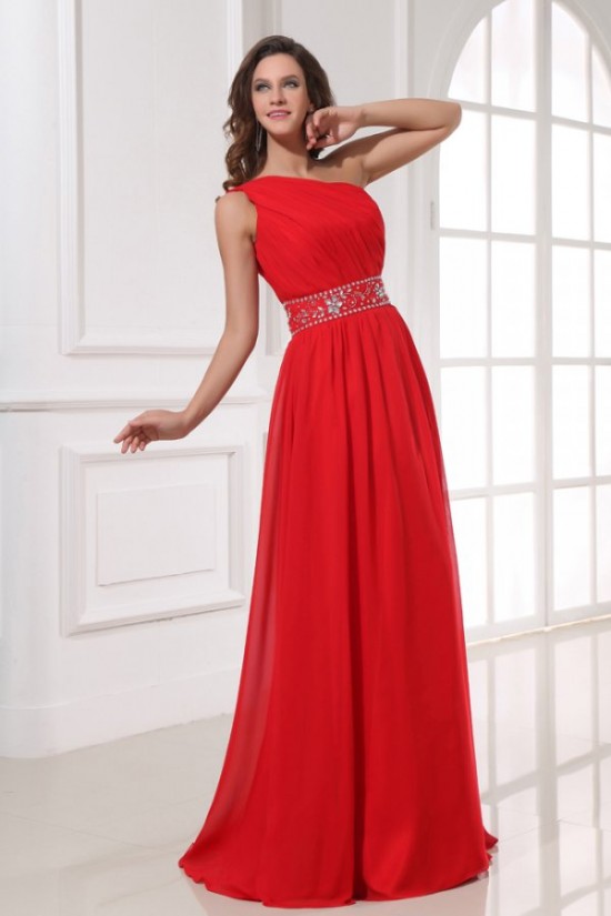 A-Line One-Shoulder Beaded Long Red Chiffon Prom Evening Formal Party Dresses ED010203