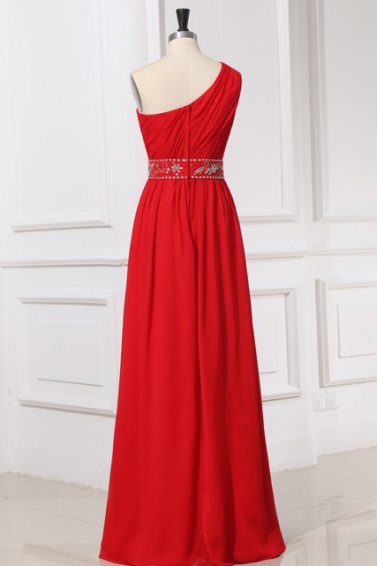 A-Line One-Shoulder Beaded Long Red Chiffon Prom Evening Formal Party Dresses ED010203