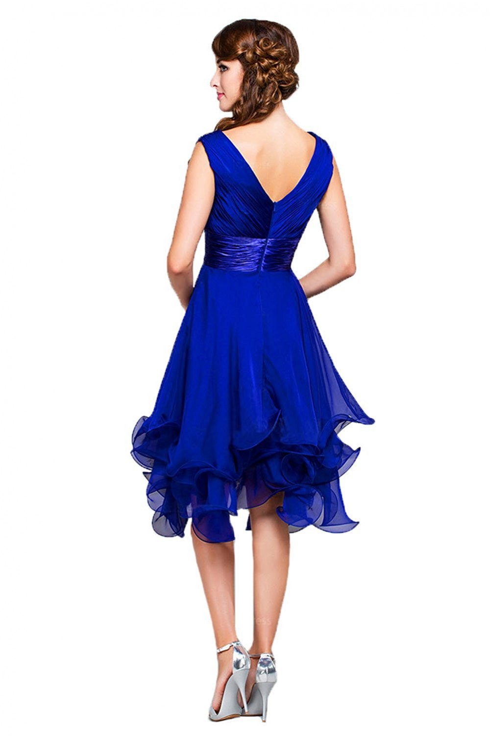 V Neck Half Sleeves Royal Blue Chiffon A Line Prom Dress